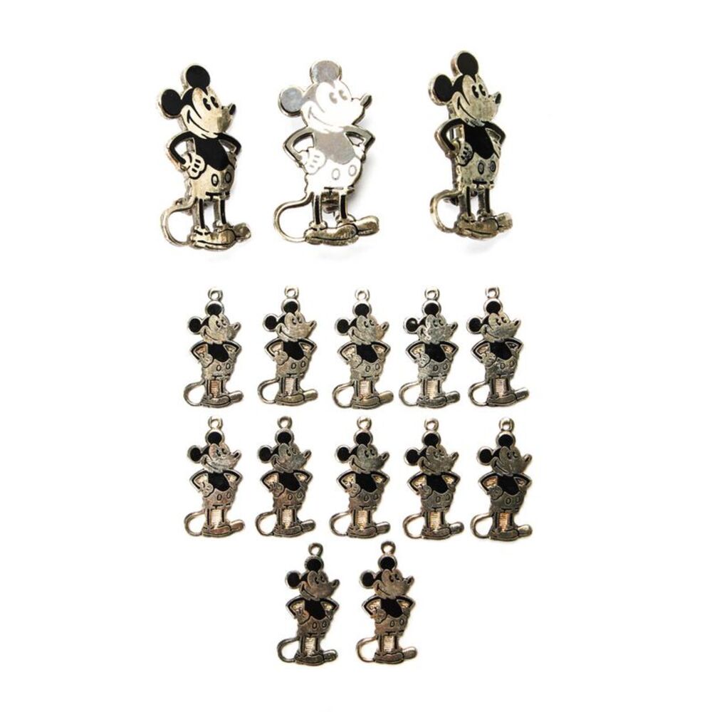 Designer Unisex Antique Silver Tone Pewter Cartoon Mouse 12 Charm + 3 Pin Lot